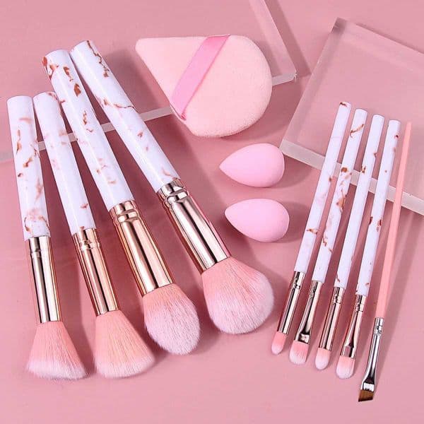 Luxury Pink Marble Makeup Brush Kit with 2 Sponge 1 Triangle Puff Soft Synthetic Brushes for Daily Professional Cosmetic UseT260610