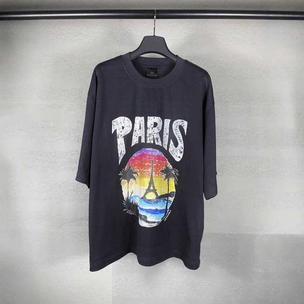 High quality designer clothing Paris High Version B Brand Spring Summer New Hawaiian Sunset Coconut Tree Eiffel Tower Pattern Printed Short Sleeve T-Shirt thumbnail 2