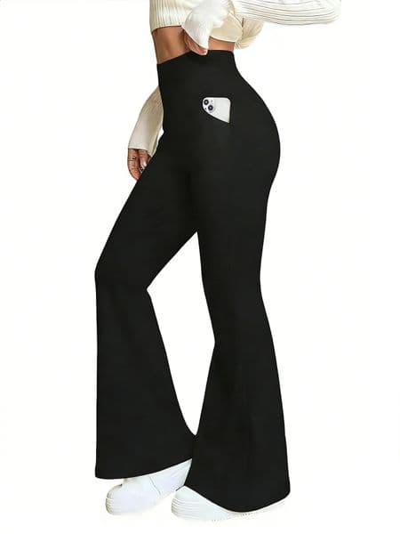 Womens Black HighWaisted Flared Pants Soft Elastic Trousers with Pockets Comfortable Fit Elegant Casual Wear no fleece 260610