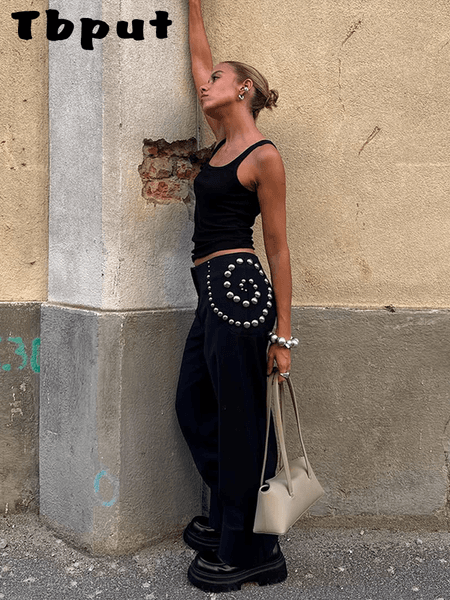 Chic Spiral Rivet Decor Women's Pants Low Waist Lady Wide Leg Trousers 2026 Spring Summer Fashion Female All Match Streetwears