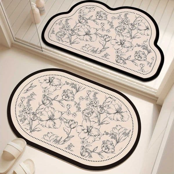 Black VIKAMA and White Floral Cloud Doormat Minimalist Lines Artistic Hallway Bedroom Mat Non-Slip Stain-Resistant Home Decor D260610