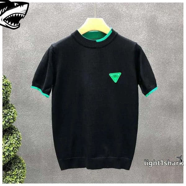 pra shirt Designer Clothes Trendy Brand White Knitted Short Ice Silk Fashionable Handsome Warm Inner Wear Half Sleeve Sweater T Men's Base Shirt 0ff