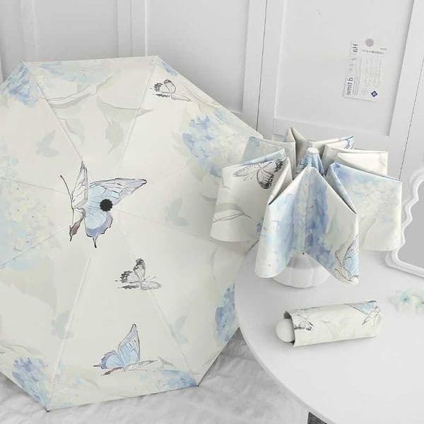 Fresh Small Butterfly Umbrella Sun Rain Dual Use Three Fold Eight Bone Fold Umbrella Sun Proof Anti UV Black Glue Sun Shade D260610