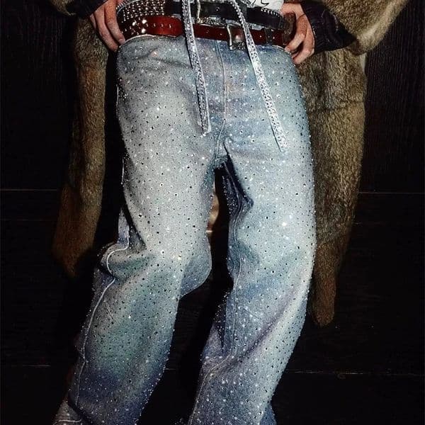 Full Rhinestone Print Washed Blue Baggy Jeans Mens and Women Ropa Hombre Streetwear Solid Casual Denim Trousers Loose Cargos 260610