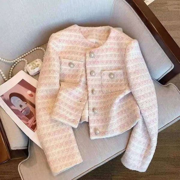 Spring Autumn Elegant Loose-Fit Tweed Style Jacket Women's New Pearl Button Cardigan Fashionable Cropped Top 26M0113 32