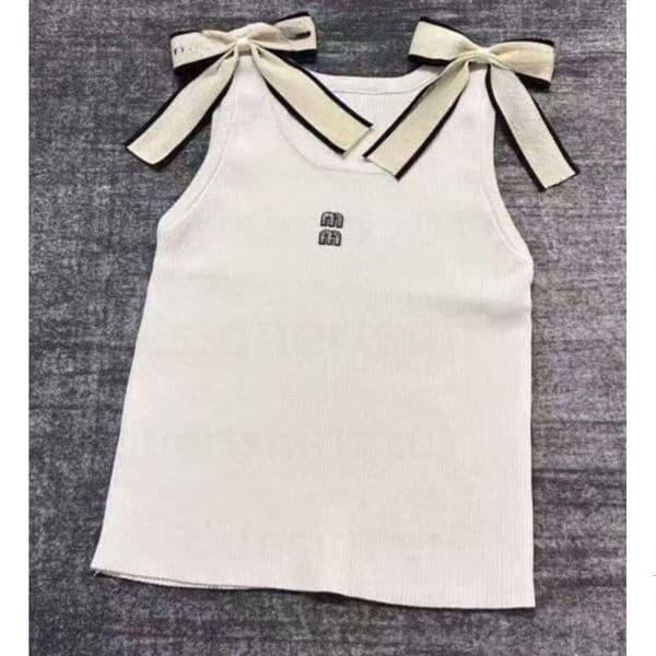 MIU Vest Tops Womens Cropped Tee Shirts Sleeveless Bow Shoulder High Waist Sexy Slim Tank Tops Designer Kawaii T Shirt Elegant Casual Clothes Embroidery Tshirt 790