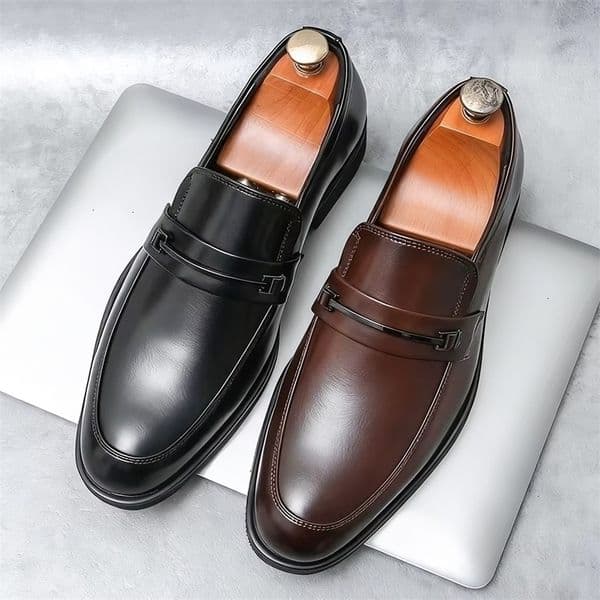 Mens Formal Leather Shoes Classic Style Slip On Loafers Round Toe Breathable Non-Slip Business Dress Wedding Office Casual Shos 260609