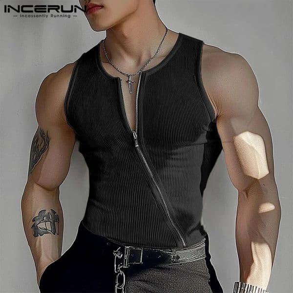 INCERUN Men Tank Tops Solid Color Knitted Zipper Sleeveless Male Vests Summer Streetwear Skinny 2025 Fashion Men Clothing S-3XL 260605
