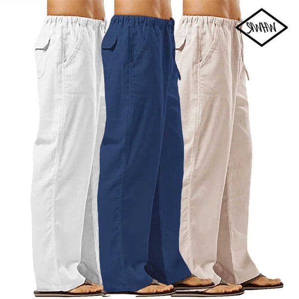 Cotton Mens Linen Long Pants Drawstring with Pockets Comfortable Straight Leg Casual Trousers for Summer Beach Wear S260610