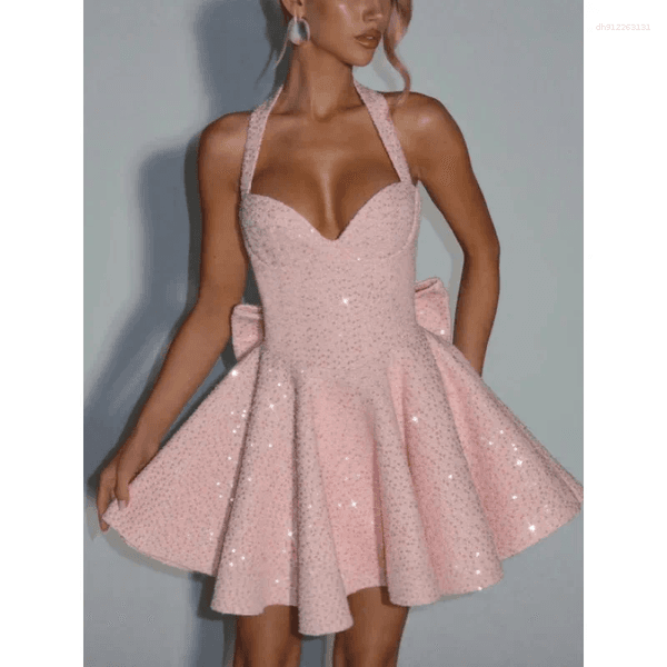 Casual Dresses Women Sequin Halter Mini Dress With Back Bow Detail Sweetheart Neck Flare Skirt Party Cocktail 2026