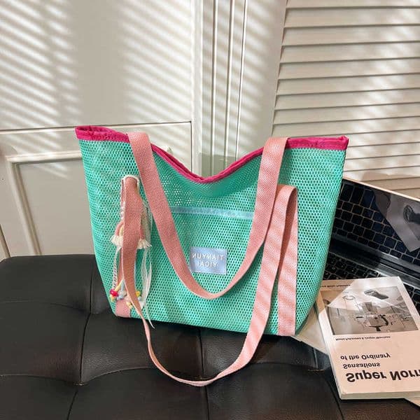 Shoulder Women Dopamine Bag Style Breathable Mesh Color Block Handbag Large Capacity Tote Bag for Summer ShoppingR260610