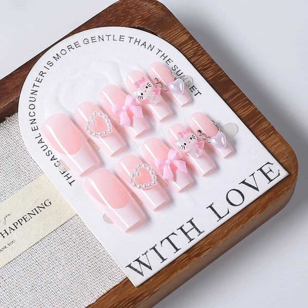 24Pcs 3D Hello Kitty Pearl Bow False Nails Medium Coffin Pink French Fake Nail Patches Y2k Cartoon Wearable Women Press On Nails C260609