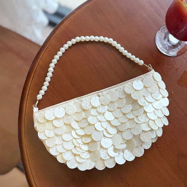 Designer Luxury Shell Beaded Evening Clutch Bag with Pearl Chain for Women Party Wedding 061026