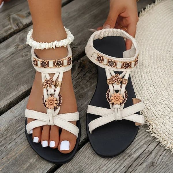 Flower Beaded Bohemian Sandals for Women Summer Roman Style Comfortable Flat Sandals Woman Lightweight Non Slip Beach Shoes 260610