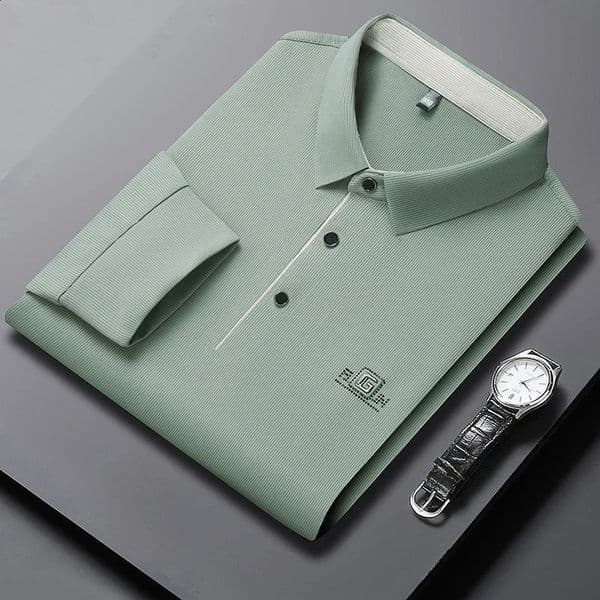 Mens Business Casual Long Sleeved Shirt with Badge Solid Color Polo Shirt Fashionable Breathable Comfortable Versatile Top 260610