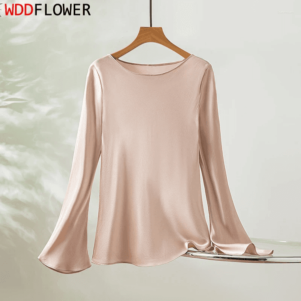 Women's Blouses Women Silk Shirt 16 Momm Charmeuse Bias-cut Pink-color Flared Long Sleeve Pullover Top Blouse QQ077