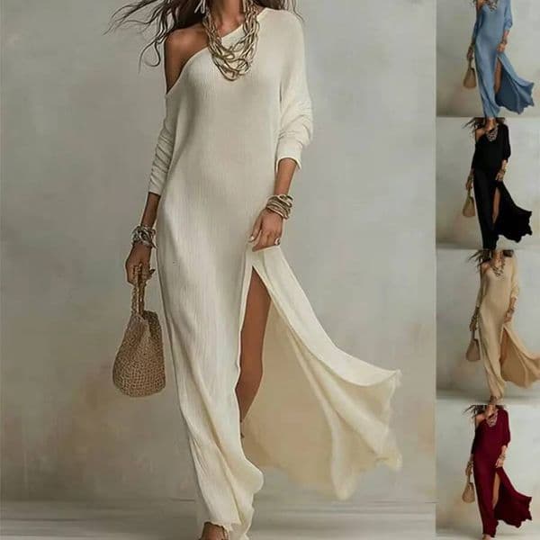 2026 European and American - Summer New Style Elegant Long-sleeved Knitted Pleated Split Women's Dress