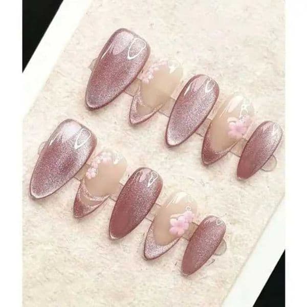 10 Pcs Handmade Medium Almond Wear NailsSimple Lotus Pink Cat Eye Almond Glossy NailsNail Art Press On Nails Nail Supplies C2606091