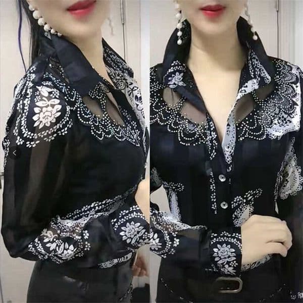 Blouse WomenS Tops Summer Lace Chiffon Shirts lapel Stitching Printing Buttons Female Blusas Offce Lady Shirts chemises fleurs S260610