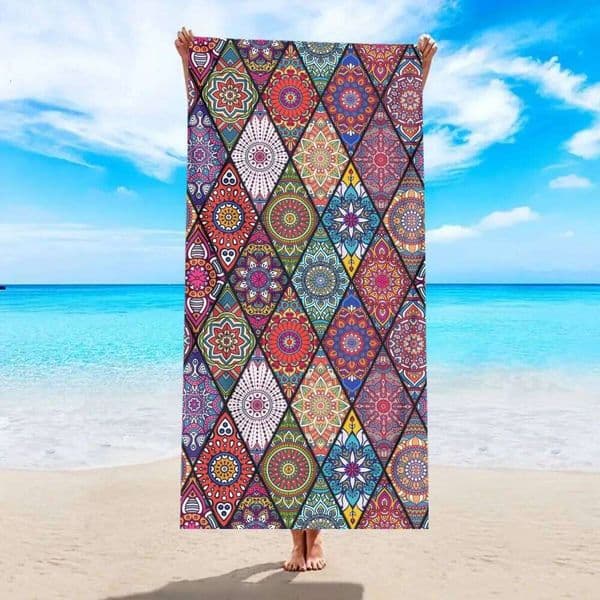 1pc Bohemian Large Striped Flower Love Printed Bath Towel, Outdoor Swimming, Vacation, Camping Beach Towel 26L0610