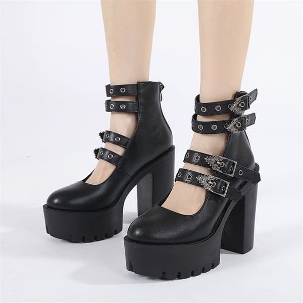 Gdgydh Goth Style Women Block Heels for Halloween Fashion Buckle Strap Dress Pumps Platform Mary Jane Shoes Stylish Back Zipper 260604