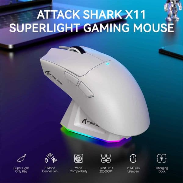 ATTACK SHARK X11 Lightweight Wireless Gaming Mouse with RGB Backlight Charging Up to 22K DPI PAW3311 Optical Sensor HUYU Swit T260608