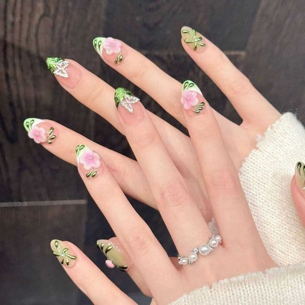 10PCS Handmade Fake Nails with Pink Green Gradient Short Almond Press on Nails Floral Design Black Cat Eyes Shiny False Nails C260609