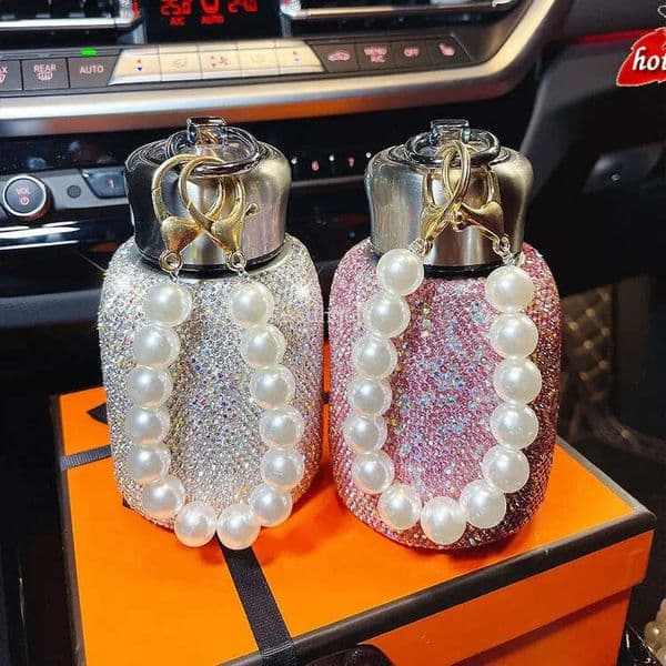 Designer Water Bottle Luxury Crystal Portable Double Wall Vacuum Reusable Coffee Cup Travel Cup Stainless Steel Insulated Cup Pearl Cup
