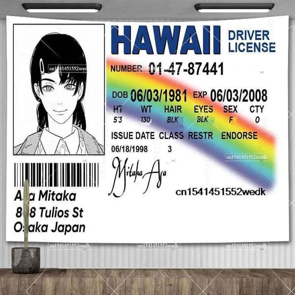 Asa Mitaka ID Flag Hawaii Driver License Wall Hanging Tapestry Funny Anime Tapestries Aesthetic Room Decoration Art Posters 26Y0610