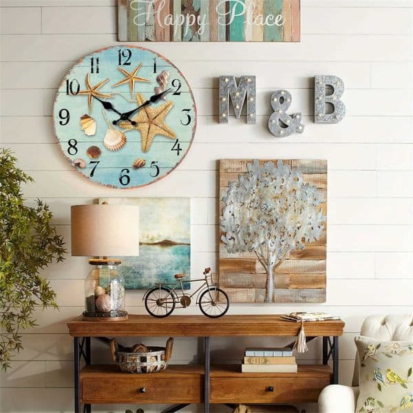 1pc Tropical Summer Beach wooden wall clock retro blue wood plank background with starfish and conch shell design wall clock C260610