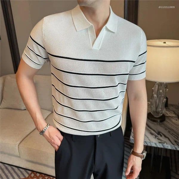 Men's Polos Men Stripe Polo Shirt Summer Breathable Light And Thin Anti-wrinkle Soft Top Solid Casual High Stretch Short Sleeved