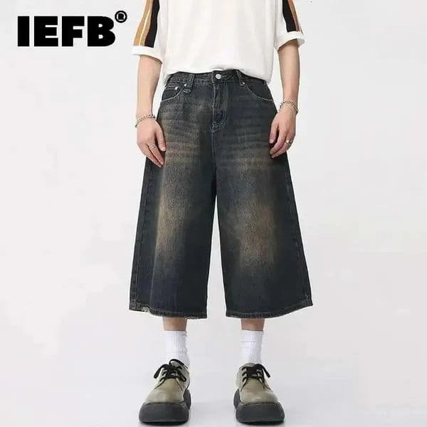 IEFB Korean Style Vintage Mens Jeans Summer Loose Male Wide Leg Knee Length Shorts Washed Fashion Short Denim Pants 9A8825 260611