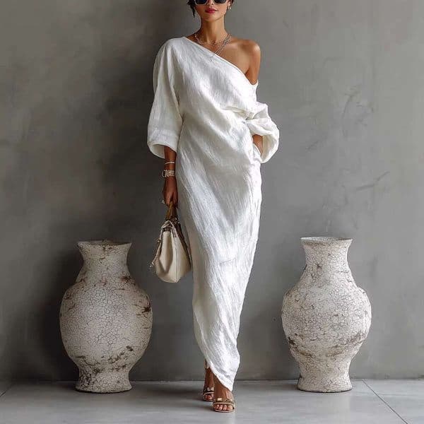 Women Off Shoulder Long Sleeve Pullover Dress High End Spring Summer Casual Mid Waist Elegant MAKOUFEI
