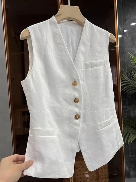 Womens Linen Blend Vest V-Neck Sleeveless Button-Down Waistcoat Lightweight Tailored Suit Vest for Business Casual Office 260610