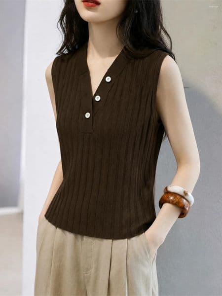 Shirt Elegant Ice Silk Sleeveless Knitted Vest Fashionable Summer Top V-Neck Straight Cut Korean Style Knitwear For Women