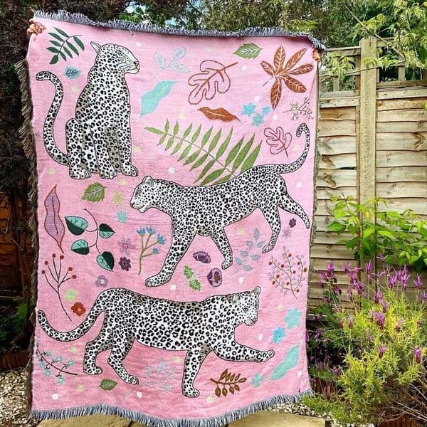 Leopard Pink Woven Tapestry Boho Animal Botanical Wall Hanging with Fringe Soft Jacquard Throw Blanket for Sofa Bed Home Decor D260611