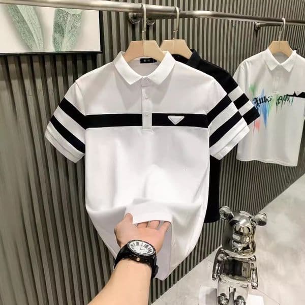 Black And White Striped Lapel Designer T-shirt Luxury Fashion Slim Fit Mens Business Short Sleeved Polo Shirt Outdoor Casual Trend Brand Versatile Basic Cotton Top