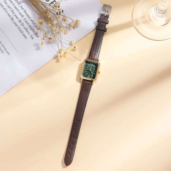 Vintage Square Green Dial Women's Watch - Brown Lizard Leather Strap, Rose Gold Case, Mixed Numeral Retro Wristwatch for Daily & 26L0611