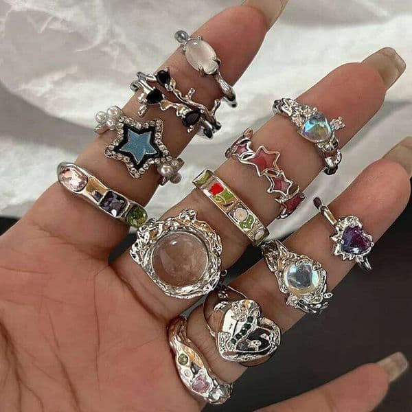 Y2K Crystal Kpop Heart Adjustable Ring Irregular Geometry Punk Vintage Rings Set for Women Girls New Fashion Jewelry J260529