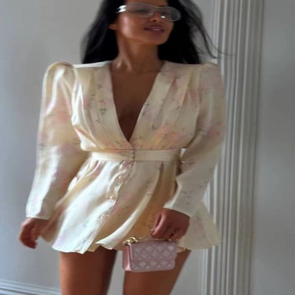 Chic Flora Printed Mini Dress for Women Fashion Vneck Waist Cinching Elegant Woman Long Sleeve Dresses 2026 Lady Summer Vestido 260609
