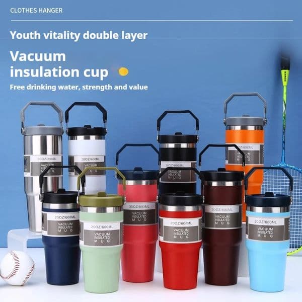 600/890ML Stainless Steel Thermos Mug With Straw Car Insulated Flask Water Tumbler for Outdoor Keeps Cold and Heat Thermal Mug 260611