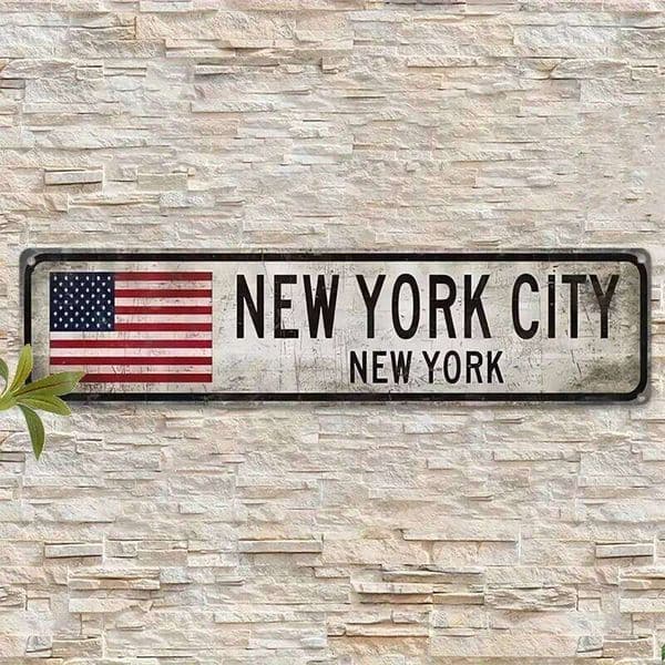 Vintage New York City Metal Sign Rustic Aluminum Wall Decor with American Flag for Bar, Office, Man Cave - NYC Themed Plaque W260611