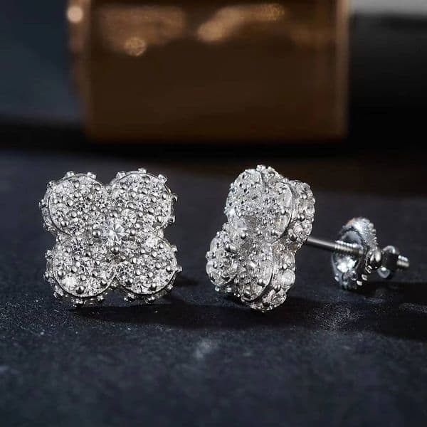 Hip-Hop Lucky Four-Leaf Clover-Shaped 925 Sterling Silver Earrings With Ice Moissanite, Suitable For Women