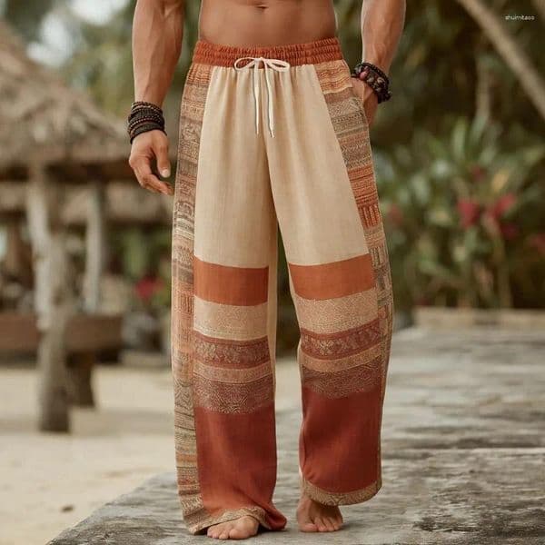 Men's Pants 3D Floral Ethnic Color-Block Casual Baggy Mid Waist Elastic Drawstring Spring Summer Vacation