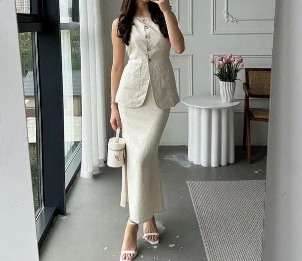 Two Piece Set Women Outfit Summer Solid Color Sleeveless Slim Fitting Button Vest Temperament Commuting Long Skirt Set 260604