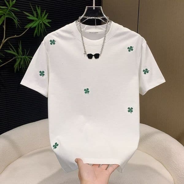 2026 Summer New Clover Embroidered Short Sleeve for Men Round Neck Loose Fit Versatile Casual Trendy Couples Style T-Shirt