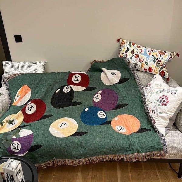 Balls Billiard Pattern Fringed Throw Blanket Retro Pool Balls Themed Woven Couch Bed Blanket Game Room Decorative Throw D260611