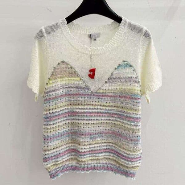 Designer woman tops New High-End Version Sweet Contrasting Color Heavy Beaded Design Knitted Short-Sleeve Top For Women fe2e