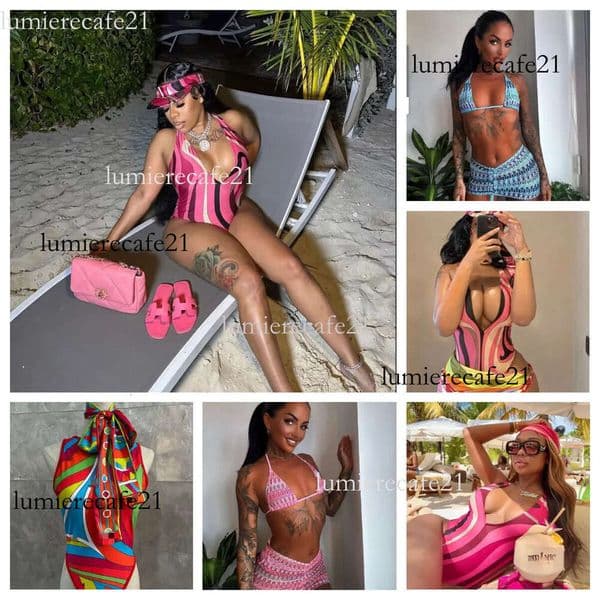 puccie swimsuit Colorful Women Bikini Swimwear Headband Sarong Designer Sexy Hollow Swimsuits Scarf Skirt V Neck Beachwear Beach Bathing Suits puccis swimsuit c97
