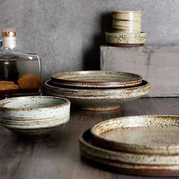 Soup Retro Handmade Stoneware Rice Bowl Tea Cup Round Steak Salad Dinner Plate Dishes Home Dining Dish Japanese Tableware Set C260611